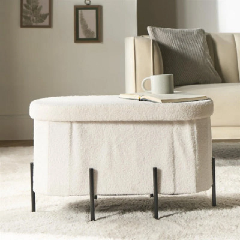 Image of OHS OHS Boucle Large Oval Ottoman Storage Box Footstool Bench with Legs in Cream Cream One Size Unisex 5027434229581