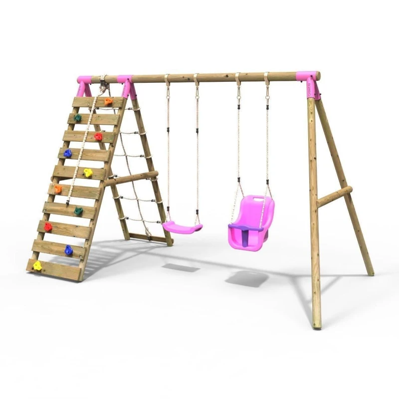 Image of Rebo Wooden Double Swing Set with Baby Seat and Up and Climbing Wall - Kai Pink Pink