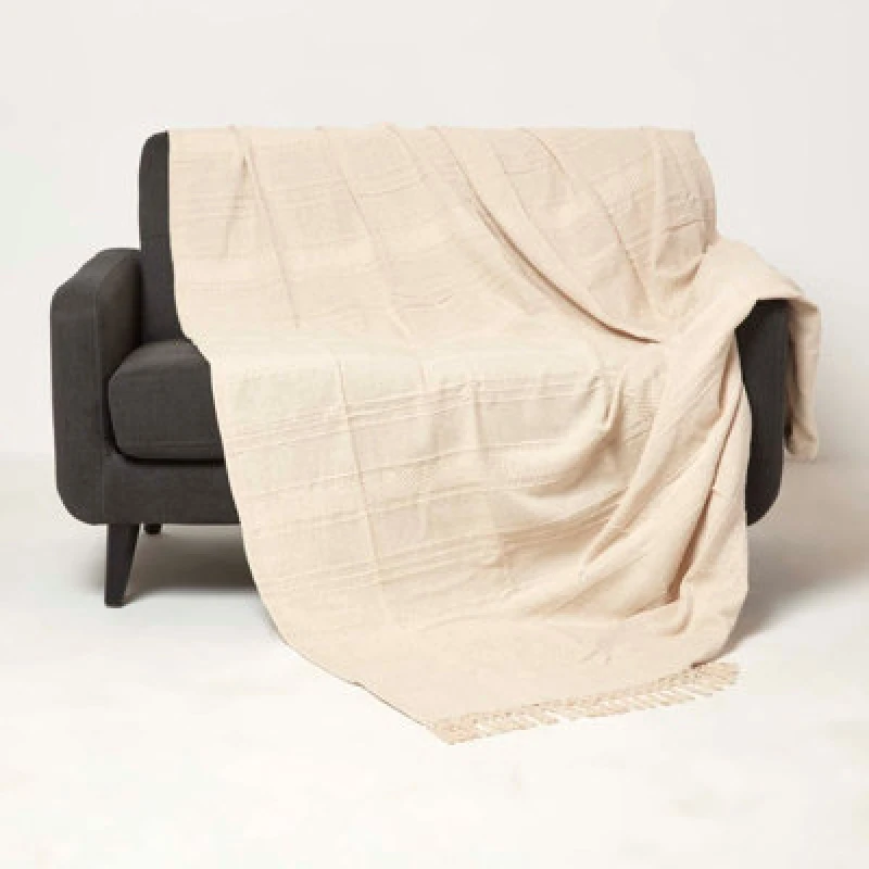 Image of Homescapes Kashi Cotton Throw with Tassels Natural