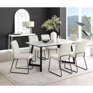 Image of Furniture Box Carson White Marble Effect Dining Table and 6 Cream Halle Chairs