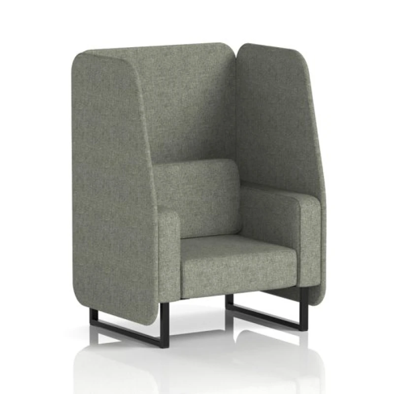 Image of Brixworth 1 Seater Open Office Booth with Black Legs in Rivet Fabric - Vitreous Panels and Sofa