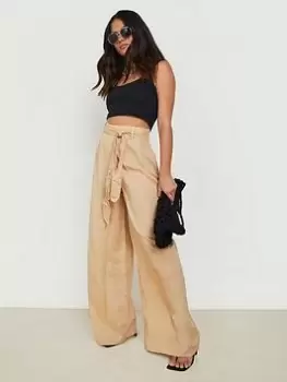 Image of Boohoo Linen Belted Wide Leg Trouser - Stone, Beige, Size 8, Women