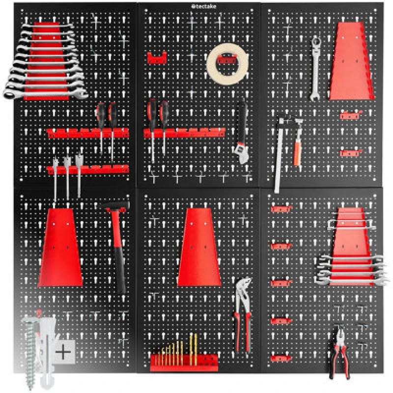 Image of Tectake Tool Pegboard Jonah - Hooks And Holders 6-Panel - Black/red