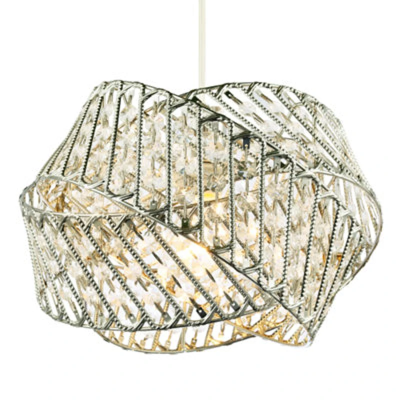 Image of Happy Homewares Designer Triple Ring Chrome Pendant Light Shade With Small Clear Acrylic Beads