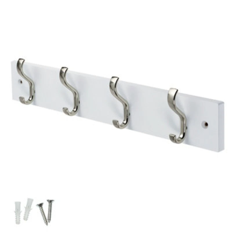 Image of Keypak Wall-Mounted Coat Rack - 4 Hooks On Modern Wooden Base For Wall & Door - 38Cm (Satin Nickel/white)