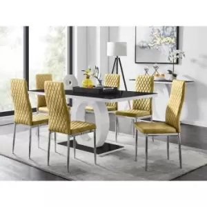 Image of Furniturebox UK - Furniturebox Giovani 6 Black Dining Table & 6 Mustard Milan Velvet Dining Chairs Diamond Stitch Modern Contemporary Chrome Metal