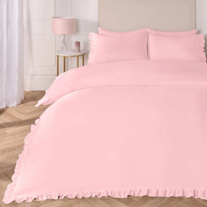 Image of OHS OHS Frill Edge Decor Duvet Cover with Pillowcase Bedding Set in Pink Size: Single Pink Single Unisex 5027434204618