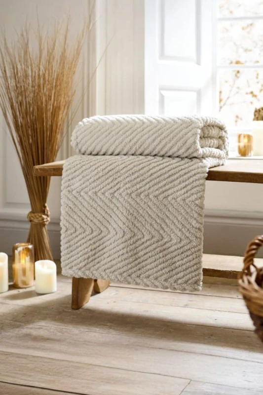 Image of Deyongs Deyongs Hemsworth Chevron Fleece Throw Blanket Super Soft Warm & Cozy 130x170cm in Stone Size: 130cm x 170cm Stone 130cm x 170cm Unisex 5054