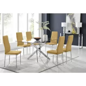 Image of Furniturebox UK - Furniturebox Leonardo 6 Chrome Leg Glass Dining Table and 6 Mustard Milan Velvet Dining Chairs Diamond Stitch Modern Contemporary