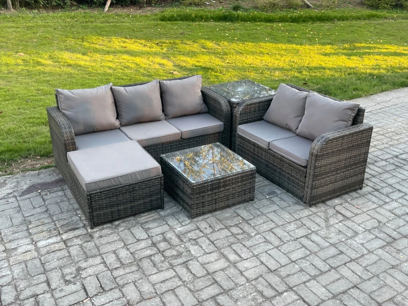 Image of Fimous PE Rattan Garden Furniture Sets 6 Seater Outdoor Lounge Sofa Set Square Coffee Table Big Footstool Side Table Dark Grey
