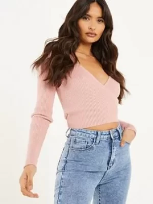 Image of Quiz Knitted Wrap Jumper, Light Pink, Size S, Women