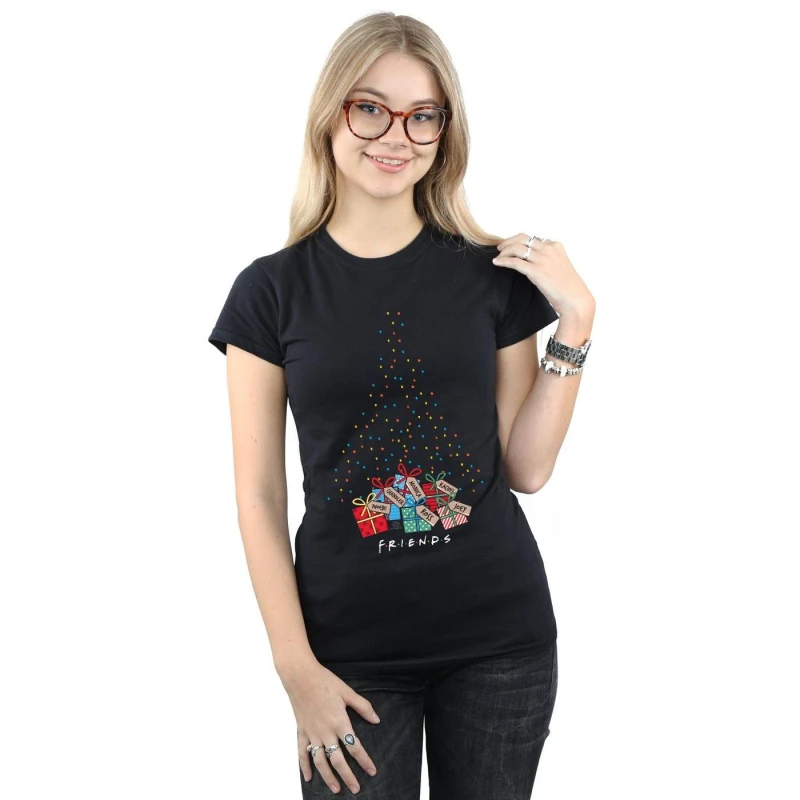 Image of Friends Christmas Tree Lights Cotton T-Shirt Black female