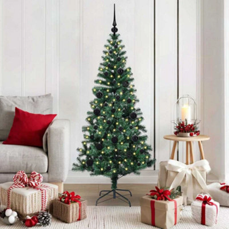 Image of vidaXL Artificial Pre-lit Christmas Tree with Black Balls Green 150cm PVC and Metal, Green 3396750