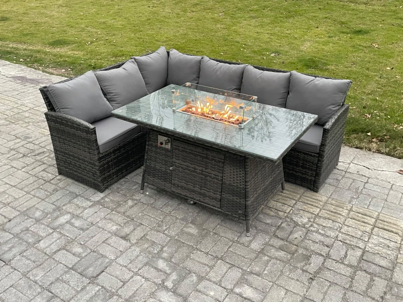 Image of Fimous Rattan Garden Furniture High Back Corner Sofa Gas Fire Pit Dining Table Sets Gas Heater 6 Seater Dark Grey Mixed Dark Grey
