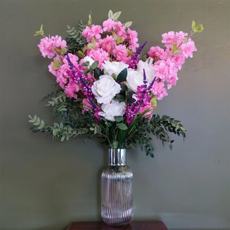Image of Leaf 100cm Pink Blossom White Rose Arrangement Glass Vase
