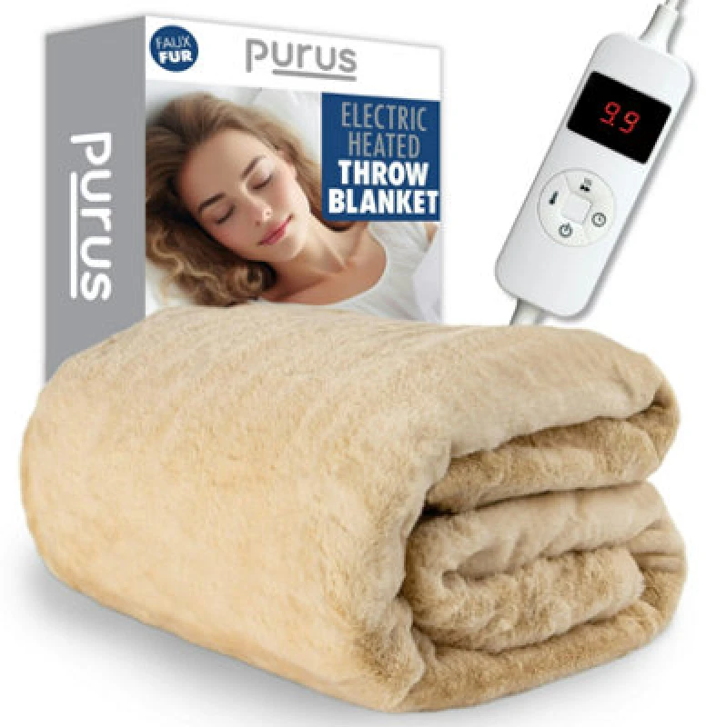 Image of Purus Electric Heated Throw 160 X 130Cm Faux Fur 9 Heat Settings And Timer - Natural Cream PEFTN