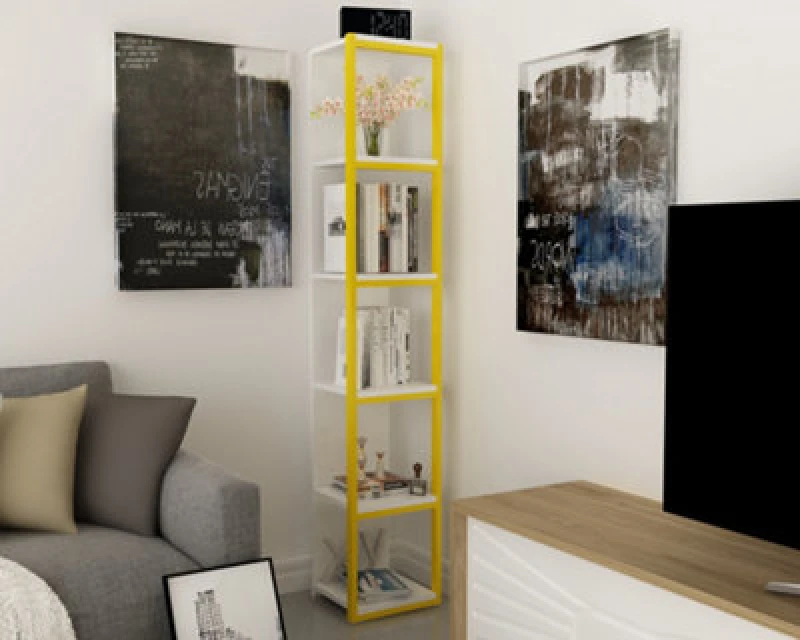 Image of Decorotika Texas 5-Tier Bookcase Shelving Unit White & Yellow