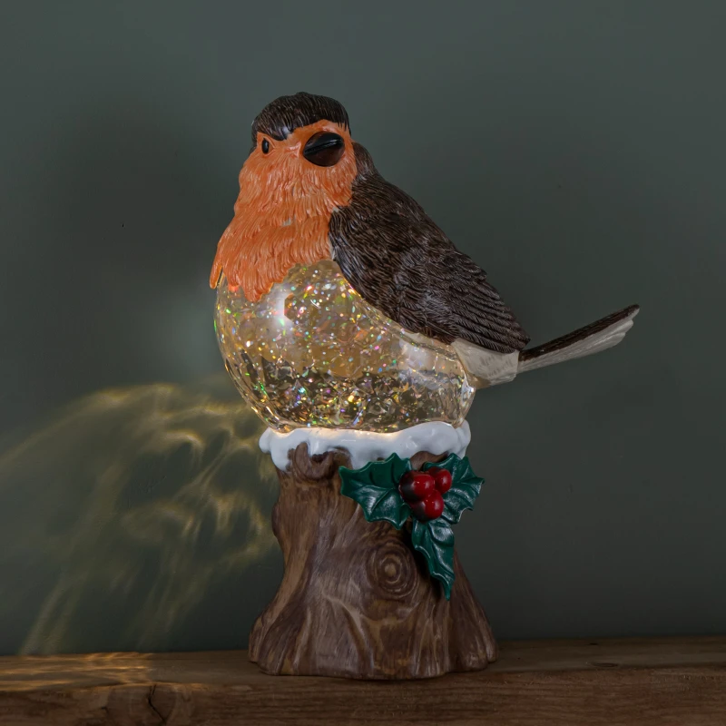 Image of 26cm Battery Operated Light up Christmas Robin Water Spinner with Warm White LEDs