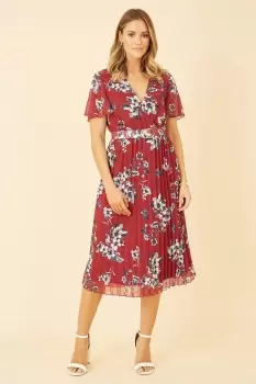 Image of Red Floral Print Pleated Dress With Gold Buckle