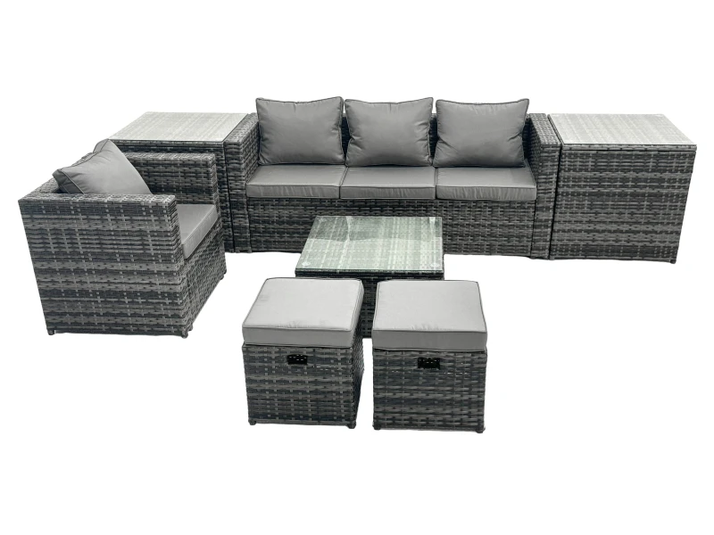 Image of Fimous 6 Seater Patio Lounge Sofa Set with Side Table 2 Small Footstool in Dark Grey Dark Grey Unisex