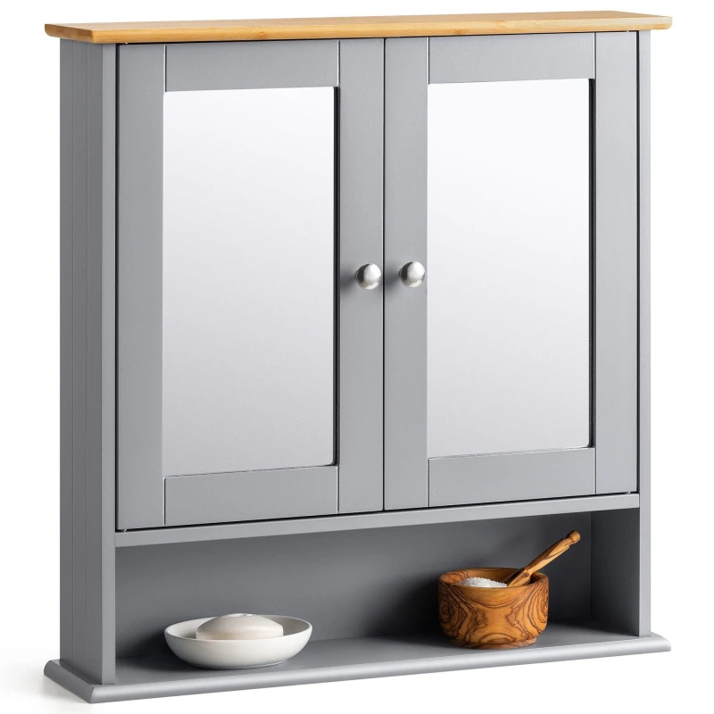 Image of Christow Bathroom Mirrored Cabinet White Grey Wooden Double Wall Mounted Storage Unit Grey