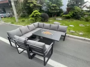 Image of Fimous 9 Seater Outdoor Dark Grey Aluminum Lounge Complete Sofa Set with Gas Fire Pit Dining Table