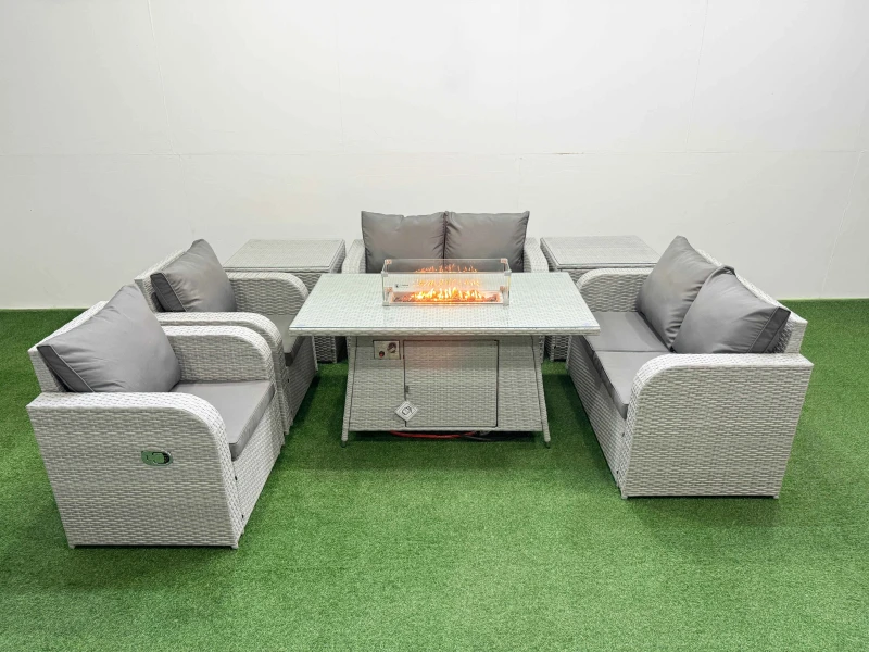 Image of Fimous 6 Seater Outdoor Reclining Chair Love Sofa Set Rattan Garden Furniture Set with Firepit Dining Table 2 Side Tables Light Grey Light Grey