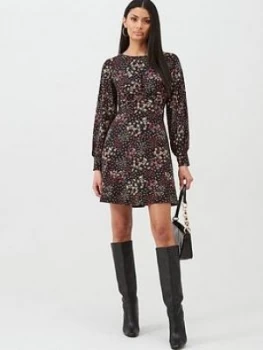 Image of Oasis Mixed Ditsy Floral Long Sleeve Tea Dress - Black , Multi Black, Size L, Women