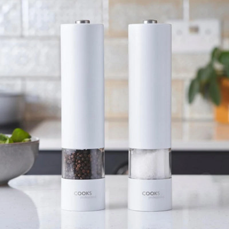 Image of Cooks Professional Electric Salt and Pepper Mill Grinder Set Shaker Automatic White White unisex