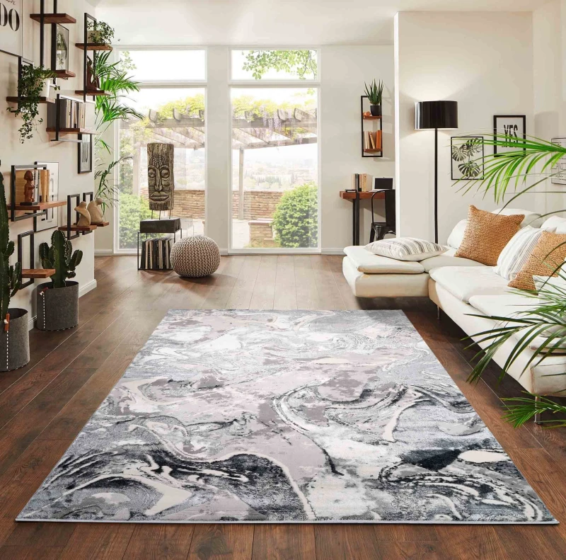 Image of Solarius Modern Grunge Marbling Abstract Area Rugs Silver 160X230 Cm