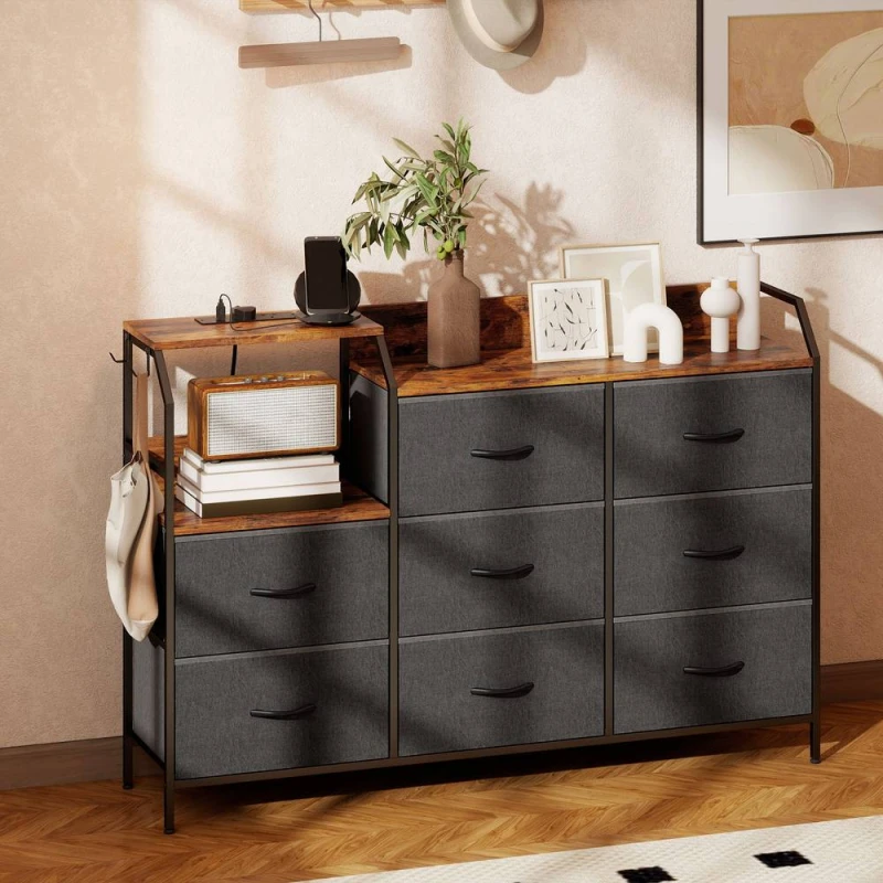 Image of HOMCOM Fabric Chest of Drawers w/ Charging Station for Bedroom Rustic Brown Brown Unisex