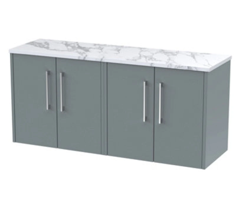 Image of Nuie Hudson Reed Juno Wall Hung 4-Door Vanity Unit & Carrera Marble Worktop, Stylish Countertop Basin Unit In Coastal Grey, 1200mm