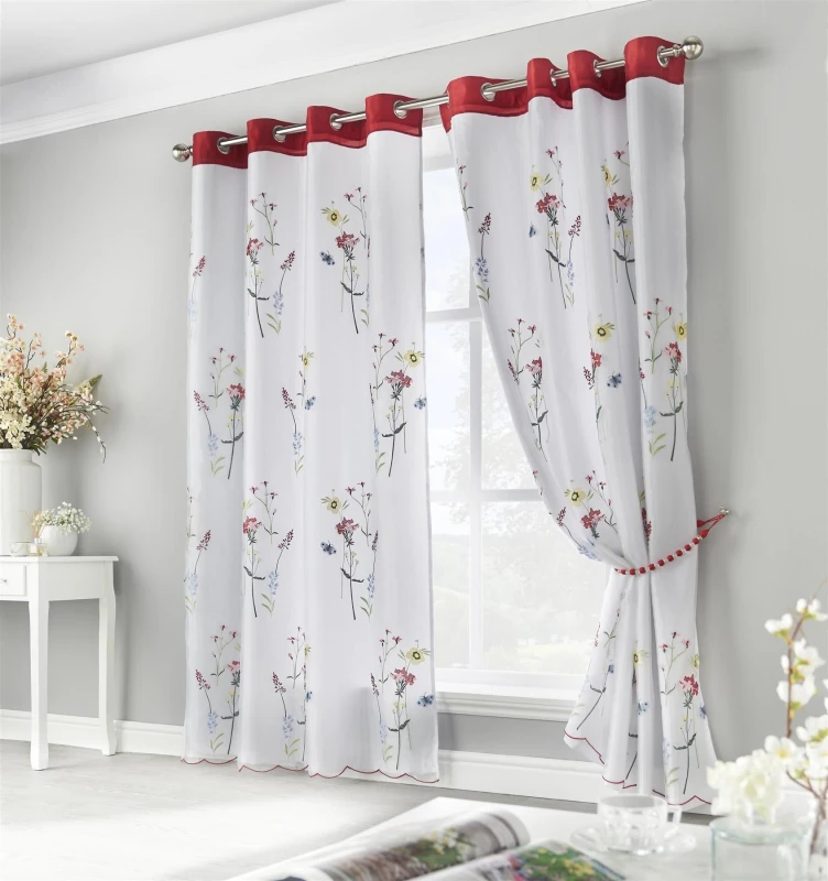 Image of Luxury Living Springfield Embroidered Lined Ring Top Voile Curtains 147cm x 183cm Red/Multi, Red SPRRRED72
