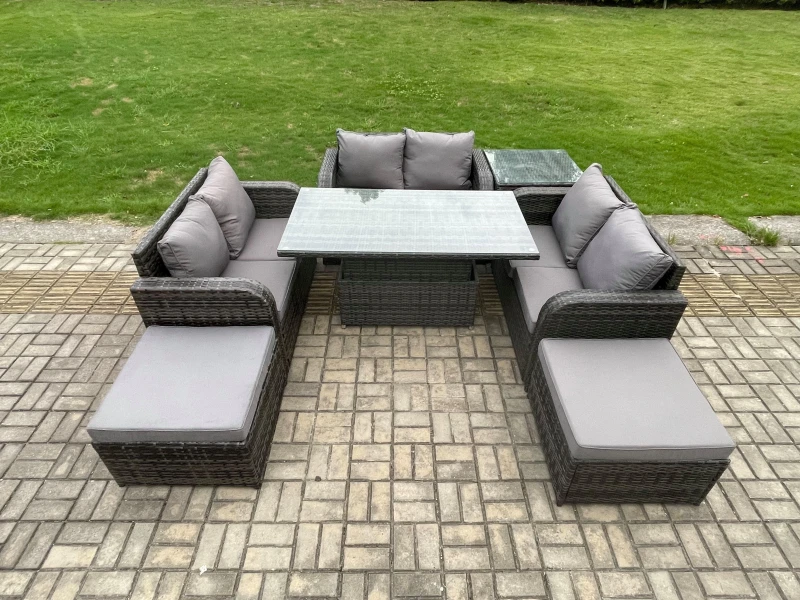 Image of Fimous Rattan Garden Outdoor Furniture 3 PC Love Sofa Set Patio Adjustable Rising lifting Dining Table With Side Table 2 Big Footstool Dark Grey