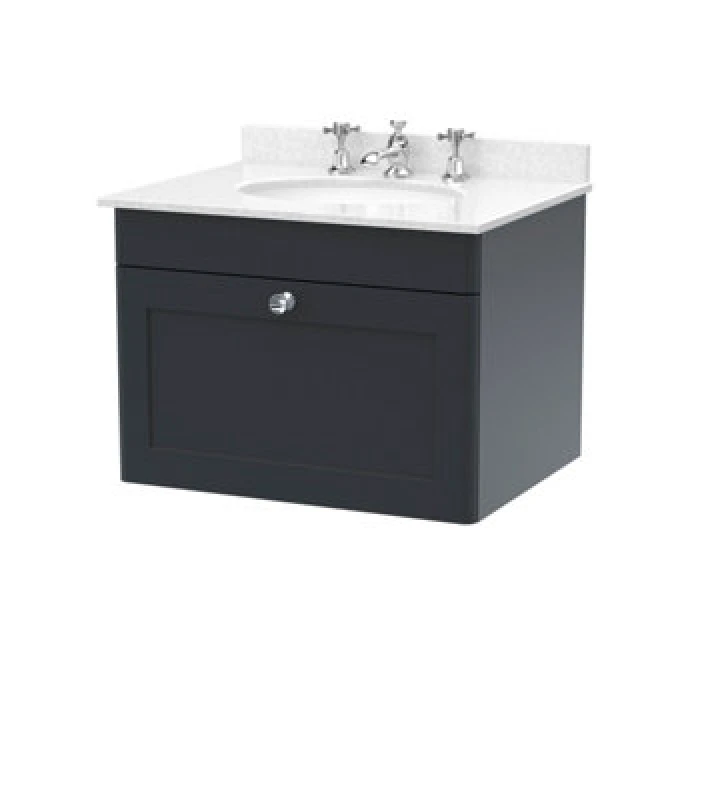 Image of Nuie Classique Wall Hung 1 Drawer Unit & 3 Tap Hole White Marble Top With Oval Basin, Sink Vanity Unit In Soft Black With White