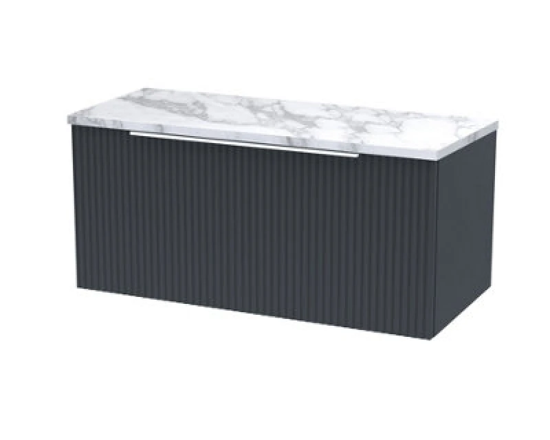 Image of Nuie Hudson Reed Fluted Wall Hung 1-Drawer Vanity Unit & Carrera Marble Laminate Worktop, Counter Top Vanity Unit In Soft Black, 800mm