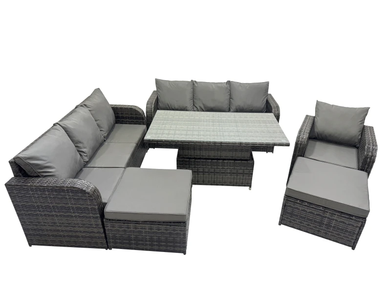 Image of Fimous Rattan Garden Furniture Dining Set 9-seater with 2 Big Footstool in Dark Grey Dark Grey Unisex