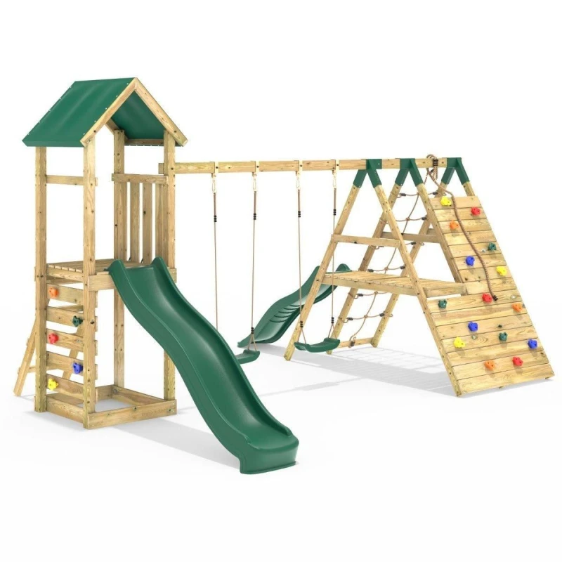 Image of Rebo Wooden Climbing Frame with Swings, Up and Over Climbing Wall and Two Slides - Hayes Green Green