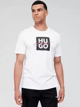 Image of HUGO Dalpaca Stacked Logo T-Shirt, White, Size S, Men
