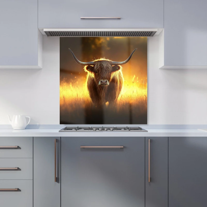 Image of Warren Reed - Designer Highland Cow Sunset Kitchen Splashback in Orange Size: 600mm x 600mm Orange Unisex 600mm x 600mm