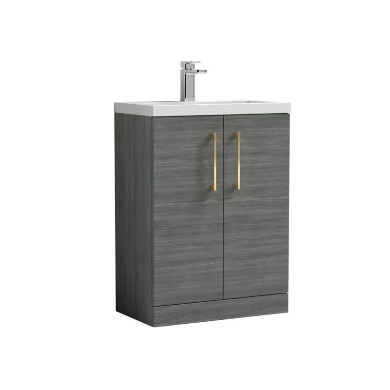 Image of Balterley Bathroom Vanity Basin Unit, Brushed Brass Handles, 600mm, Wood Grey Grey Unisex