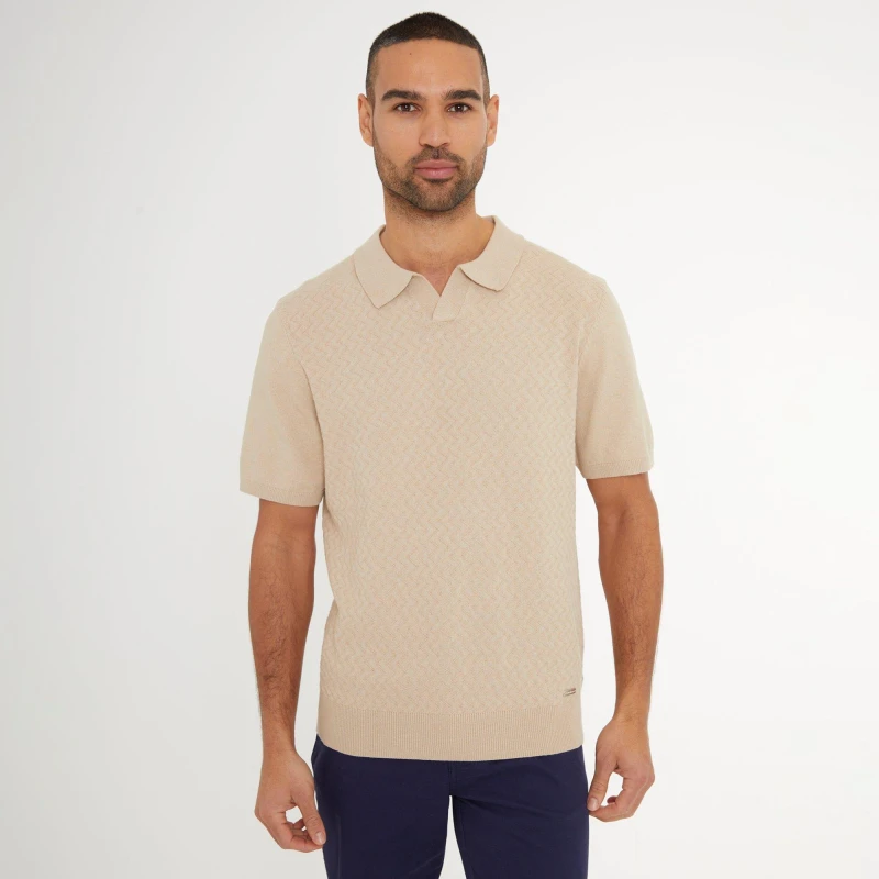 Image of Threadbare Textured Front Short Sleeve Trophy Neck Knitted Polo Beige
