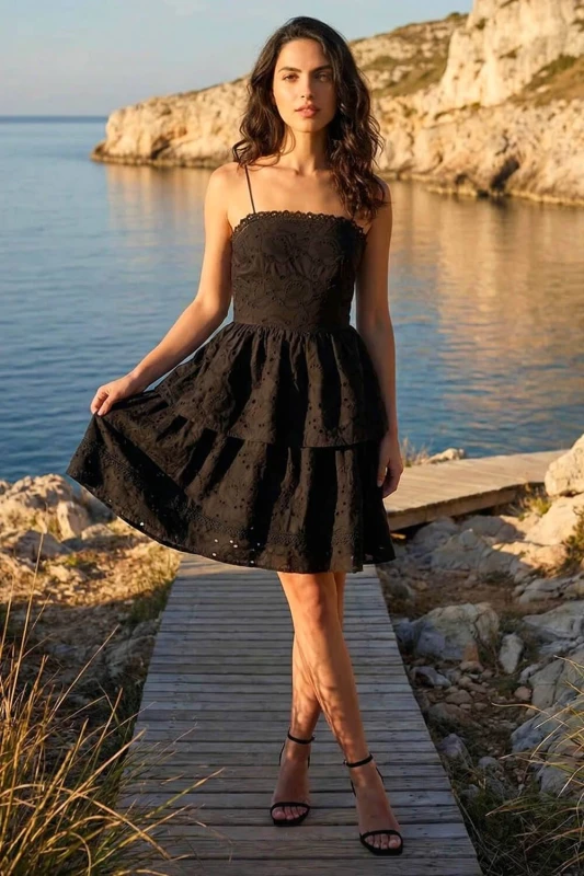 Image of Dusk Womens Tiered Broderie Dress in Black Size: 16 Black Female 16