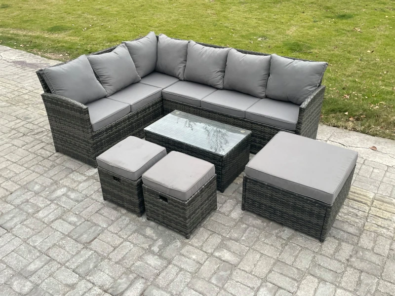 Image of Fimous 9 Seater Rattan Lounge Corner Sofa Set Wicker PE Outdoor Garden Furniture Set with Coffee Table 3 Footstools Dark Grey