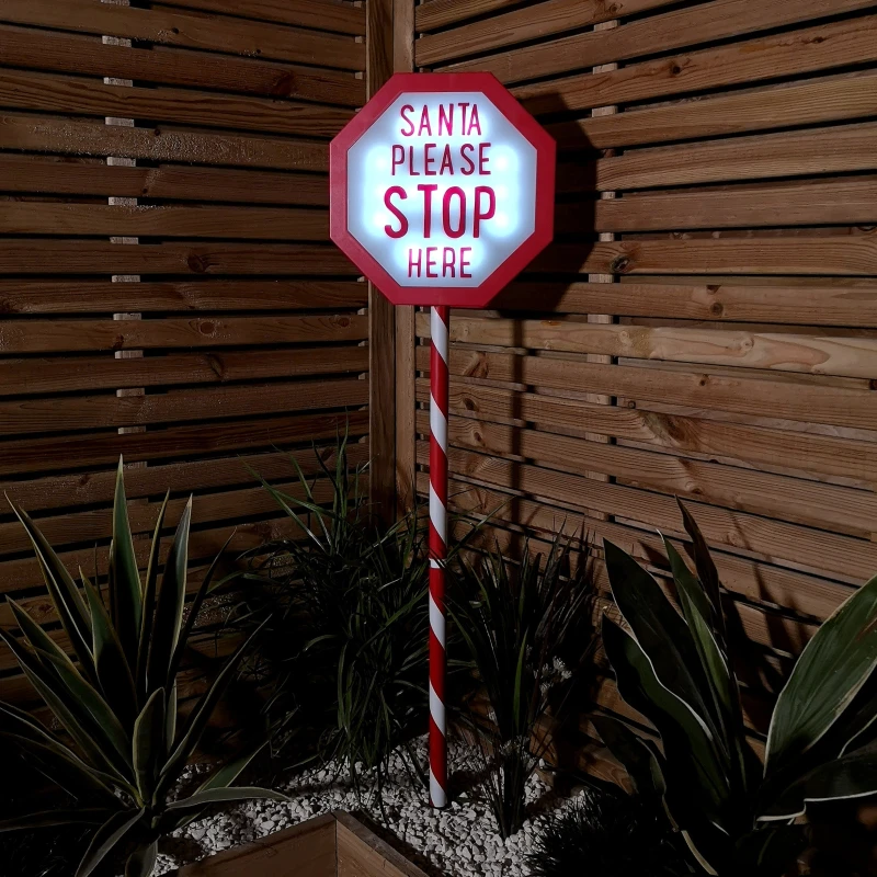 Image of 1.1m Battery Operated Light up Santa Stop Here LED Christmas Sign