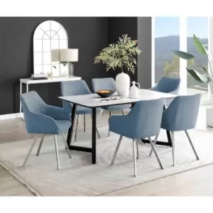 Image of Furniture Box Carson White Marble Effect Dining Table and 6 Blue Falun Silver Leg Chairs