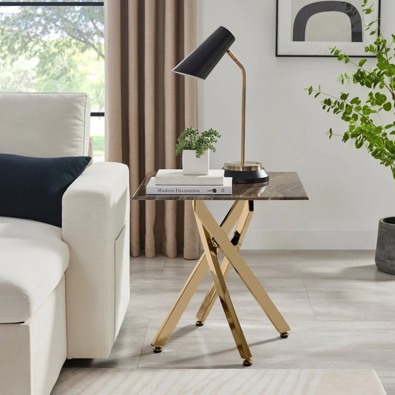 Image of FurnitureboxUK FurnitureboxUK Leonardo Square Marble Effect Glass Top Side Table With Gold Metal Starburst Legs in Grey Grey One Size Unisex 505654269