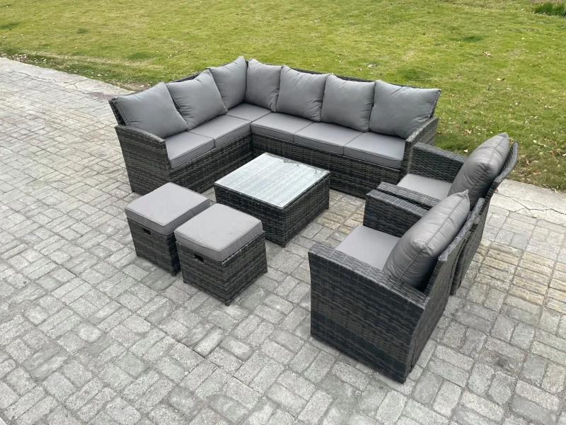 Image of Fimous 10 Seater Outdoor Garden Furniture Set Wicker PE Rattan Corner Sofa Set with Square Coffee Table 2 Small Footstools 2 Armchairs in Dark Grey Da