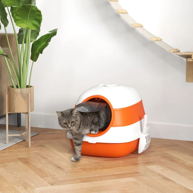 Image of PawHut Pawhut - Foldable Cat Litter Tray Hooded Cat Litter Box w/ High Side Orange 5056725535711