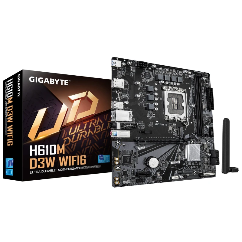 Image of Gigabyte Gigabyte H610M D3W WIFI6 Motherboard - Supports 14th Gen. Intel Core CPUs, 5+1+1 phases VRM, up to 5600MHz DDR4, 1xPCIe 3.0 M.2, WiFi 6, 1Gb
